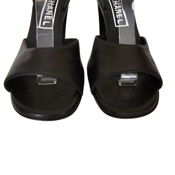 Chanel 24P CC Slingback Heel Sandal Size 38 US 7 7.5 Black Leather Block Heel - Picture 4 of 14